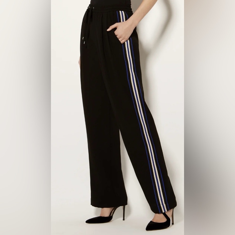 Karen Millen Wide Leg Sporty Trousers Black with Blue White Side Stripe